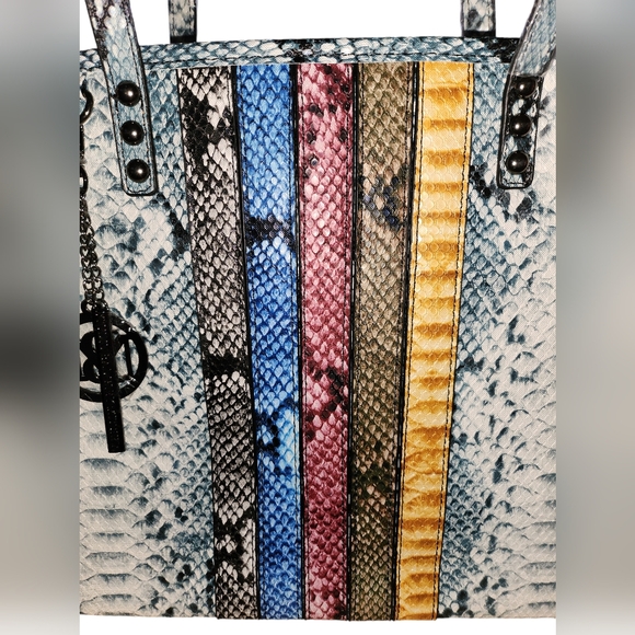 BADGLEY MISCHKA Light Blue Vegan Leather with Multicolor Striped Center Pattern - Picture 5 of 13